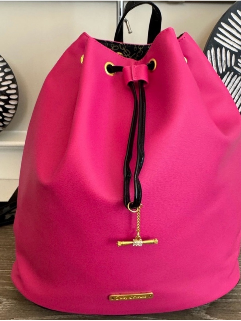 Juicy Couture Hot Pink Drawstring Backpack with Gold Hardware